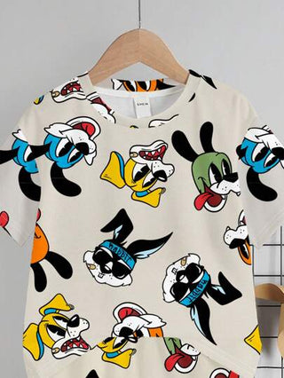 مجموعة تيشيرت بياقة طاقم وشورت 2 قطعة، بطبعة كلب كرتوني غير رسمي للأطفال الصبية، صيفي