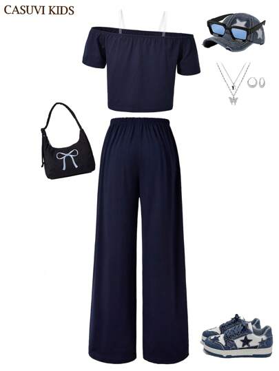 مايوه حريمي قطعة واحدة زوج/مجموعة من البنات المراهقات بنمط كاجوال ملتحق بالمدرسة، قميص كم قصير كتف غير متماثل، وبنطلون ساق واسعة