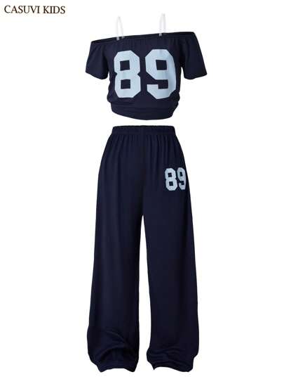 مايوه حريمي قطعة واحدة زوج/مجموعة من البنات المراهقات بنمط كاجوال ملتحق بالمدرسة، قميص كم قصير كتف غير متماثل، وبنطلون ساق واسعة