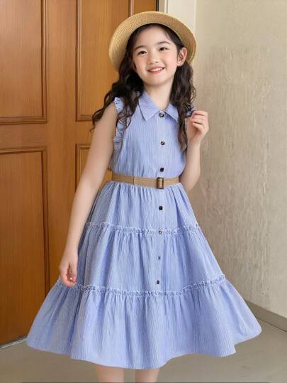 تيشيرتات بناتي Genkimix Kids فستان قميص مخطط للبنات بأكمام رنانة ، فستان كاجوال طويل مع حزام ، مناسب للارتداء اليومي والعطلات ، الربيع/الصيف