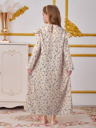 بيجاما مريح وفضفاض ثوب ليلي للمراهقات بتصميم زهري معقد مع أكمام واسعة منفرجة وياقة مستديرة ومرقعات زخرفية