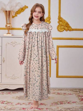 بيجاما مريح وفضفاض ثوب ليلي للمراهقات بتصميم زهري معقد مع أكمام واسعة منفرجة وياقة مستديرة ومرقعات زخرفية