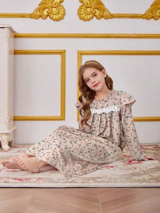 بيجاما مريح وفضفاض ثوب ليلي للمراهقات بتصميم زهري معقد مع أكمام واسعة منفرجة وياقة مستديرة ومرقعات زخرفية