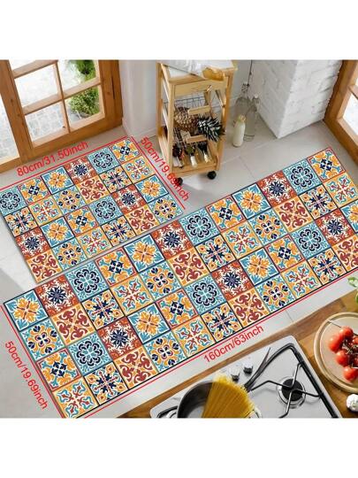 1 قطعة سجادة مطبوعة ثلاثية الأبعاد ذات نمط هندسي قديم من الجل السيليكا المضادة للانزلاق، مناسبة للمطبخ وغرفة المعيشة والنوم والممر والحمام وغرفة الغسيل، من البوليستر للاستخدام الداخلي والخارجي