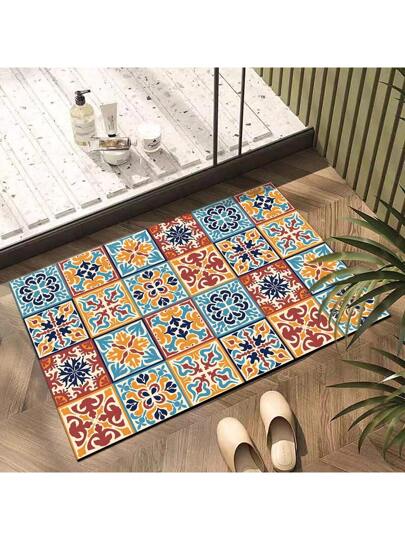 1 قطعة سجادة مطبوعة ثلاثية الأبعاد ذات نمط هندسي قديم من الجل السيليكا المضادة للانزلاق، مناسبة للمطبخ وغرفة المعيشة والنوم والممر والحمام وغرفة الغسيل، من البوليستر للاستخدام الداخلي والخارجي