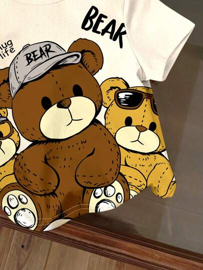 SHEIN تي شيرت أولادي كاجوال بياقة مستديرة فضفاض بأكمام قصيرة، مناسب للصيف