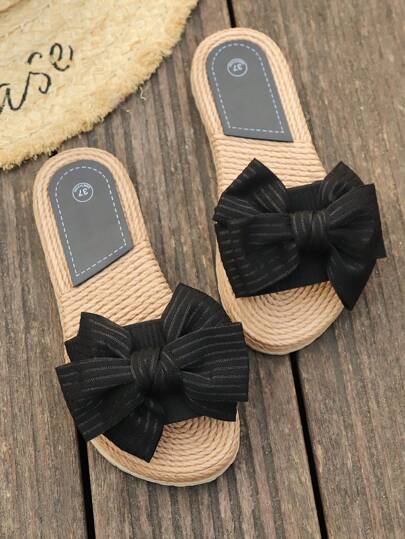 صنادل نسائية مزخرفة بفيونكة، صنادل مفتوحة مسطحة للصيف مفرغة بشكل زهرة، أحذية شاطئ خفيفة الوزن