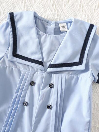 طقم رومبر قصير بياقة بحارة مزين بأزرار للأطفال حديثي الولادة بنين/بنات في لون البحري، مناسب للخروج، الصيف والأجازات البحرية