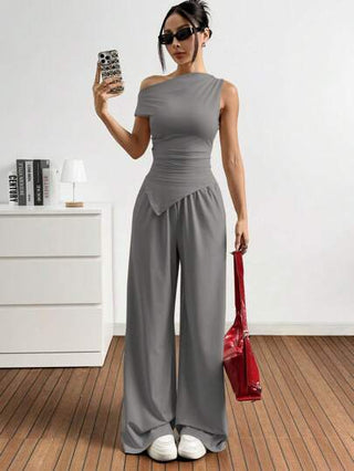 EZwear مجموعة ملابس علوية وبنطلون محبوك ذو نهايات غير متماثلة لون واضح، 2 قطعة للمرأة