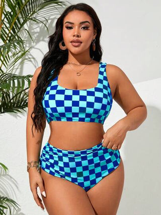SHEIN Slayr CURVE بكيني بمقاسات كبيرة من القماش المرقط قطعتين، ملابس سباحة عطلات عصرية كاجوال