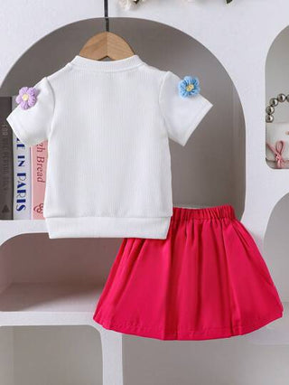 SHEIN مجموعتان من ملابس البنات الرضع الصيفية: قميص محبوك مطرز + تنورة ذات طيات بلون واحد