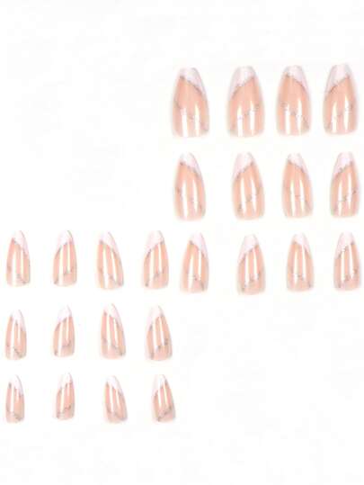 24 قطعة من أظافر الاصطناعية "اللصق عليها" بشكل اللوز الطويل مع رسومات دوامات باللون الفرنسي الرمادي والبني، أطراف أظافر اكريليك كاذبة ضمن طقم متكامل مع غراء للسيدات