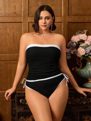 Swim Chiccia بذلة سباحة للنساء سبيغتي سترب قابلة للتعديل من القماش المتقاسم باللونين الأبيض والأسود ، ذات طيات أنيقة ، للحجم الكبير