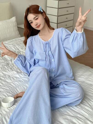 DAZY مجموعة بيجامات نسائية بأكمام فوانيس وربطة عنق ديكورية مخططة عصرية