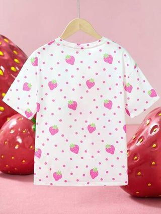 تيشيرتات بناتي Strawberry Shortcake X تي شيرت قصير الأكمام كاجوال أبيض لفتاة المراهقة مزين برسمة فريزة وردية كرتونية جميلة وحلوة