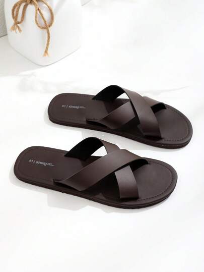 صندل رجالي مريح وأنيق بتصميم شرائط اعتراضية مع بطانة مانعة للإنزلاق ذو تصميم مسطح وكاجوال