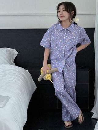 بيجاما DAZY مجموعة ملابس اطفال الخريف، من ملابس علوية بياقة بيتر بان قصير الأكمام مُنسوج + بنطال منسوج مطبوع كبيجاما، فصل الربيع/الصيف