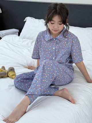 بيجاما DAZY مجموعة ملابس اطفال الخريف، من ملابس علوية بياقة بيتر بان قصير الأكمام مُنسوج + بنطال منسوج مطبوع كبيجاما، فصل الربيع/الصيف