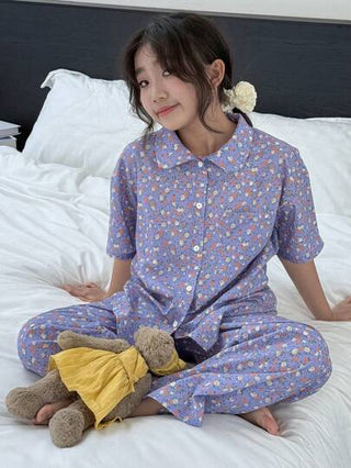 بيجاما DAZY مجموعة ملابس اطفال الخريف، من ملابس علوية بياقة بيتر بان قصير الأكمام مُنسوج + بنطال منسوج مطبوع كبيجاما، فصل الربيع/الصيف