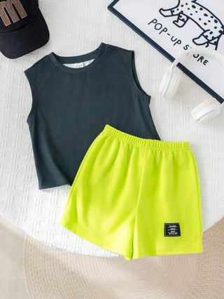 مجموعة ملابس علوية بفتحة رقبة مستديرة وكتف ساقط مطبوع بطباعة الحيوانات الكرتونية للأطفال، وشورت بخصر مطاطي، مناسب للرياضة والكاجوال والخارجي للربيع/الصيف 2 قطعة