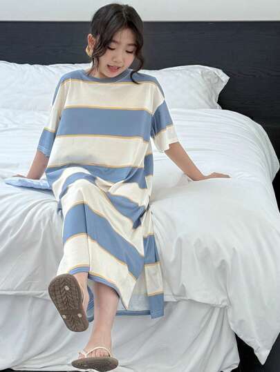 بيجاما DAZY طقم ملابس بأكمام قصيرة مخطط من النسيج المحبك للبنات المراهقات، صيفي