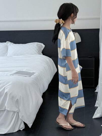 بيجاما DAZY طقم ملابس بأكمام قصيرة مخطط من النسيج المحبك للبنات المراهقات، صيفي