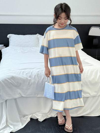 بيجاما DAZY طقم ملابس بأكمام قصيرة مخطط من النسيج المحبك للبنات المراهقات، صيفي