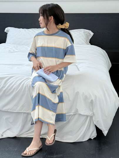 بيجاما DAZY طقم ملابس بأكمام قصيرة مخطط من النسيج المحبك للبنات المراهقات، صيفي