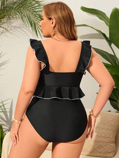 Swim Lushoire بدلة سباحة مقاس كبير للنساء مكونة من قطعتين تصميم خصر عالٍ مع تريم متباين وحواف كشكشة، مثالية لأوقات العطلات والشاطئ