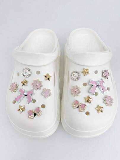 18 زوج وردي اللون أقواس، زهور، ورود، نجوم ذهبية مشابك حذاء DIY زخرفة، إكسسوارات متعددة الاستخدامات للصنادل النسائية والأحذية والحقائب الشاطئية، مثالي كهدايا لأعياد الميلاد والعطلات