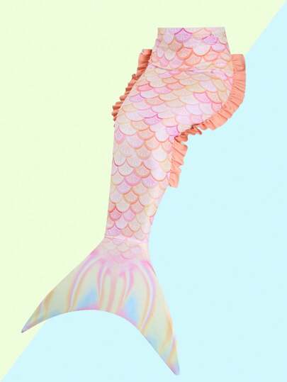 SHEIN بذلة سباحة قطعة واحدة للفتيات الصغيرات ذات طبعة نمط حراشف الأميرة المائية مع تنورة على شكل ذيل الأميرة المائية، بتصميم غير متماثل للعنق