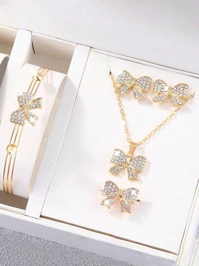 طقم مجوهرات 1 طقم يتضمن: قلادة، أقراط، سوار، خاتم، ذات تصميم فراشة بسيط للشباب