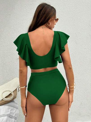 Swim Vcay طقم بكيني آمرأة بألوان أحادية مع تصميم الحزام المتصالب وأكمام قصيرة