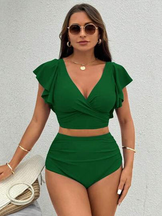 Swim Vcay طقم بكيني آمرأة بألوان أحادية مع تصميم الحزام المتصالب وأكمام قصيرة