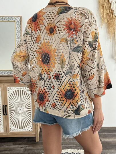 ملابس علوية كروشيه بياقة على شكل حرف V مطبوع بنقشة دوار الشمس بطراز البوهيمي، تصميم معقود بشكل ماسي، غطاء خفيف للشاطئ للنساء - مكشوف الكتف، مناسب للعطلات والمناسبات غير الرسمية والتخرج وحفلات الموسيقى الريفية