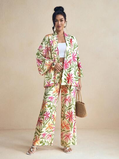 Miriam Omar سروال صيفي عريض الرجل للنساء باعاردة فصل الربيع الطباعة الزهرية الملونة ملابس عطلة صيفية كاجوال