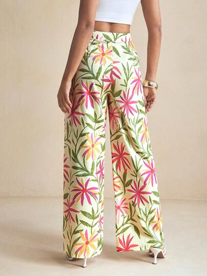 Miriam Omar سروال صيفي عريض الرجل للنساء باعاردة فصل الربيع الطباعة الزهرية الملونة ملابس عطلة صيفية كاجوال