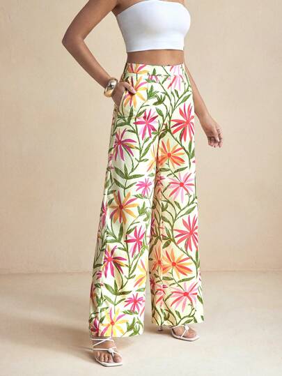 Miriam Omar سروال صيفي عريض الرجل للنساء باعاردة فصل الربيع الطباعة الزهرية الملونة ملابس عطلة صيفية كاجوال