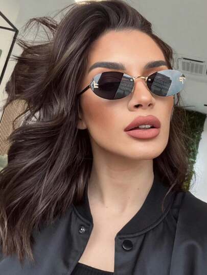 1 جهاز نظارات نسائي جديد بإطار بلا حواف، بتصميم بيضاوي أنيق، بطابع عصري متقدم باللون الأسود، نظارات فاخرة للاستخدام خلال السفر والرحلات، إكسسوارات نمط ثمانينيات لملابس الصيف والشاطئ والسفر والخروج، هدايا مناسبة للسيدات