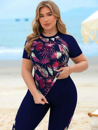 Swim Lushoire مجموعة بكيني من قطعتين بطبعة أوراق النبات ، وصدرية اللون و شورت السباحة الطويل ، مناسبة للمرأة البدينة ، كاجوال ومناسبة للعطلات الشاطئية