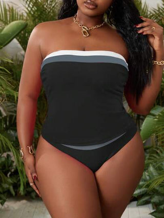 SHEIN Slayr CURVE طقم تانكيني فوق الحجم للمرأة، بخطوط ملونة، قابل للإزالة، مايوه شاطئي عالي المرونة