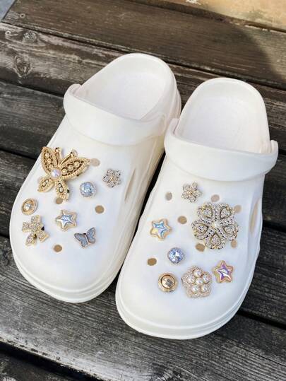 14 قطعة من مشابك حذاء الزينة المرصعة بالراين المذهب بتصميمات الفراشات والأزهار والنجوم، من خرز الإبيكس متعدد الوظائف للإكسسوارات النسائية للصنادل والشبشب وحقائب الشاطئ، هدية مثالية للمناسبات والأعياد