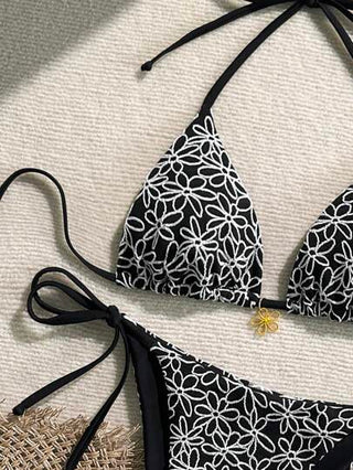 طقم تانكيني حريمي Swim Mod طقم بكيني ذو حمالات سباغيتي مع سراويل قصيرة للسباحة وسيور جانبية، مصنوع من قماش سباحة ذو ملمس مطبوع