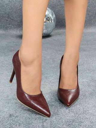 أحذية كعب عالي سهلة الارتداء بشكل أنيق بأصبع مدبب، من جلد صناعي بلون أحمر ، للارتداء في المكتب والخارج