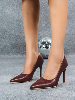 أحذية كعب عالي سهلة الارتداء بشكل أنيق بأصبع مدبب، من جلد صناعي بلون أحمر ، للارتداء في المكتب والخارج