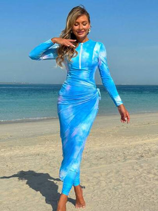 Swim Shayni 3 قطع من الجوان الطويلة الأكمام المطبوعة بطبعة أومبير على الطراز الشرق أوسطي، بنطلون طويل، ومجموعة بوركيني للنساء