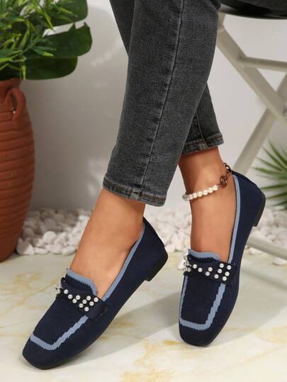 أحذية نسائية مسطحة، لوافر كاجوال من خامة محبوكة ذات فتحة مربعة للقدم