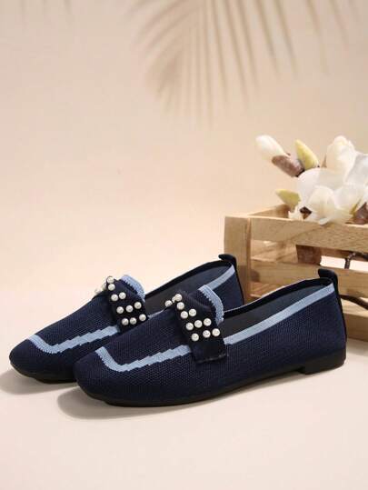 أحذية نسائية مسطحة، لوافر كاجوال من خامة محبوكة ذات فتحة مربعة للقدم