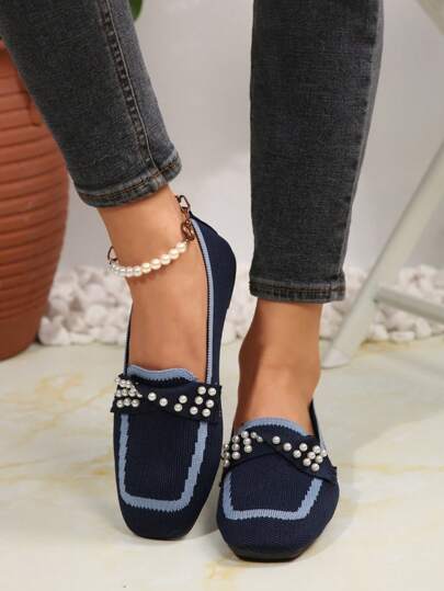 أحذية نسائية مسطحة، لوافر كاجوال من خامة محبوكة ذات فتحة مربعة للقدم