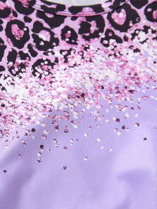 girls-sets طقم للبنات، ملابس علوية قصيرة الأكمام ذات رقبة مستديرة بألوان متباينة + شورت لمطبوع جلد النمر ذو تناسق رشيق قطعتان